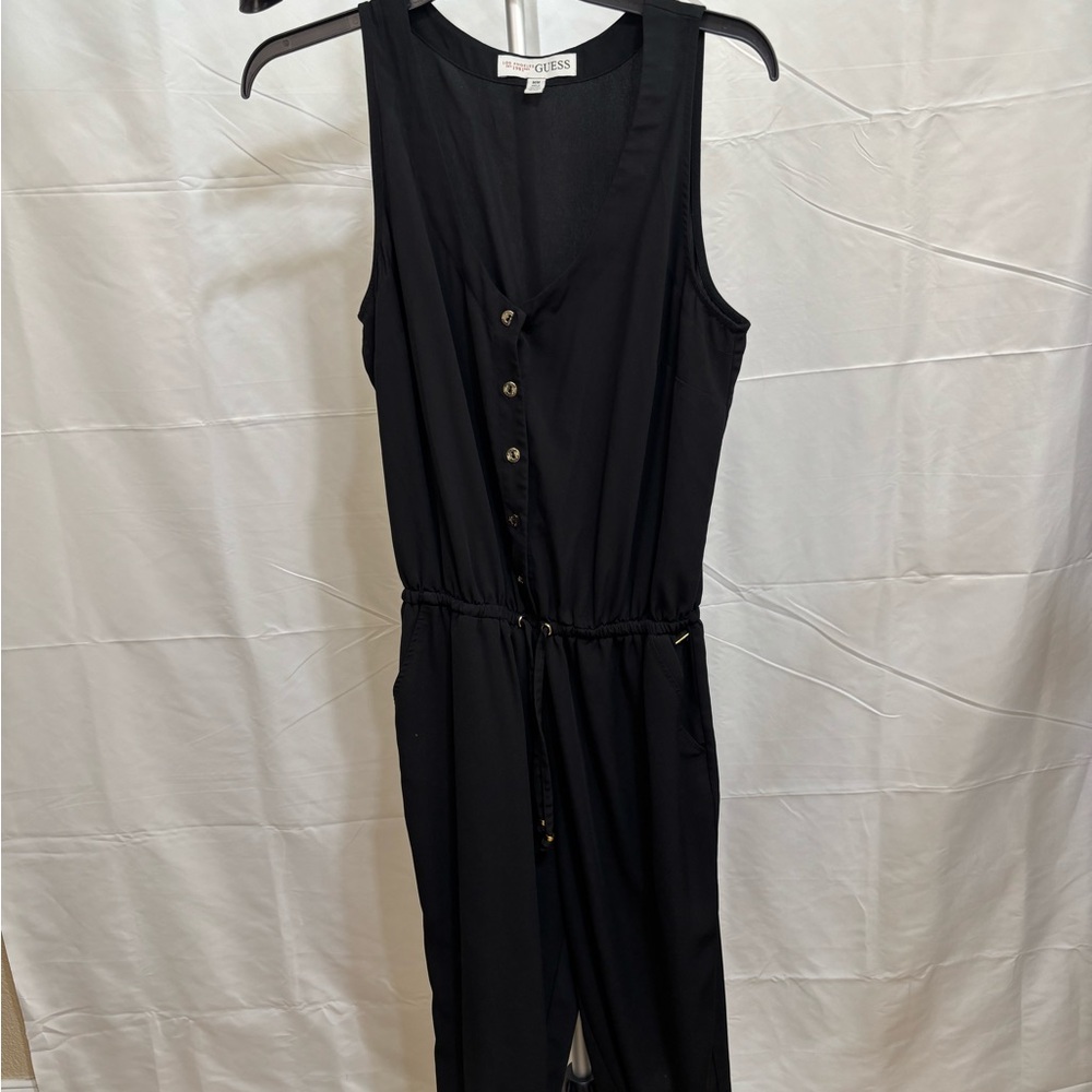 GUESS Black Sleeveless Jumpsuit Y2K Minimalist Button Front Drawstring Waist M